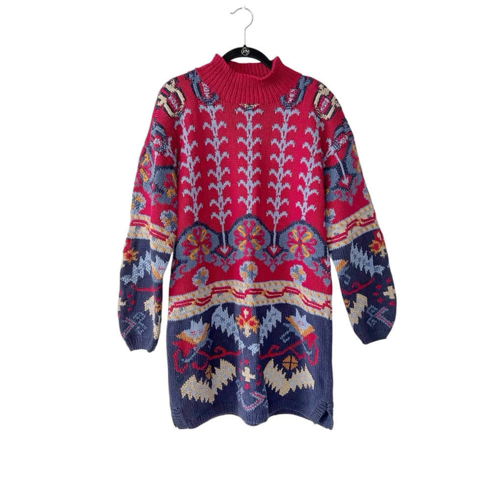 Vintage 80s 90s Chunky Knit Mockneck Sweater Dress Boho L